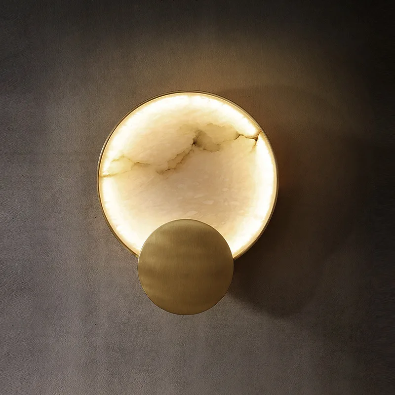 

Modern Simple Round Marble Golden Copper Wall Sconce LED Lighting Bedroom Hallway Living Room Decorative Fixtures Lamp 25cm