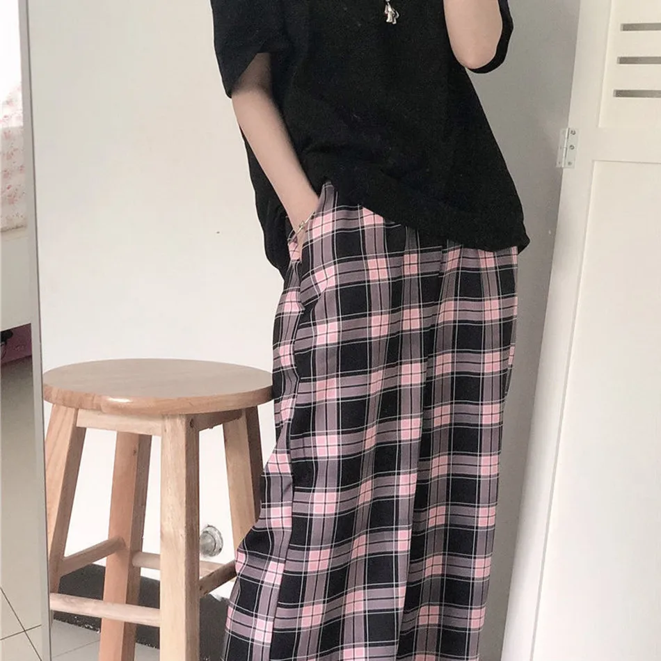 2022 Women Plaid pants Oversize spring Casual Loose Wide Leg Trousers Ins Retro Teens Straight Hiphop Streetwear | Женская одежда