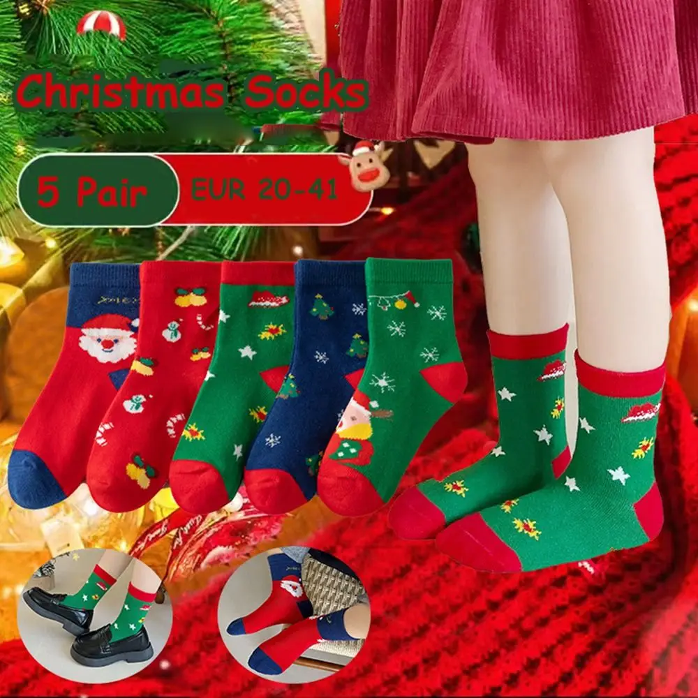 

5 пар хлопковых детских рождественских носков, носки с изображением снеговика, Санта-Клауса, Мультяшные чулочно-носочные изделия, тканевые аксессуары, носки средней длины в Корейском стиле