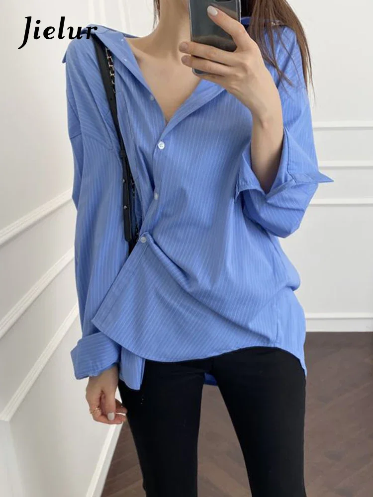 

Jielur Stylish Skew Button Up Shirts Women Spring Sleeve Striped Shirts Long Sleeve Asymmetrical Blouse Blue Tunic Tops