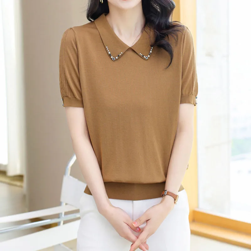 New 2023 Summer Clothes For Women Short Sleeve T Shirt Women Knitted Top Turn-down Collar T-Shirt Casual Tops Camisetas De Mujer
New 2023 Summer Clothes For Women Short Sleeve T Shirt Women Knitted Top Turn-down Collar T-Shirt Casual Tops Camisetas De Mujer