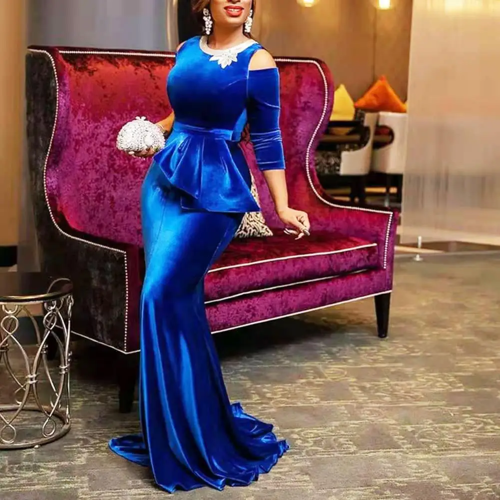 

Elegant Blue Velvet Mermaid Long Dress Women Dinner Evening Formal Gown Ladies Bodycon Peplum Ruffle Vintage Maxi Party Dress