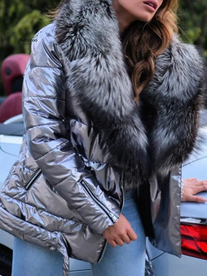 

Женская Стеганая куртка большого размера на осень и зиму, теплое короткое пальто с большим меховым воротником и ярким лицом, Женское пальто