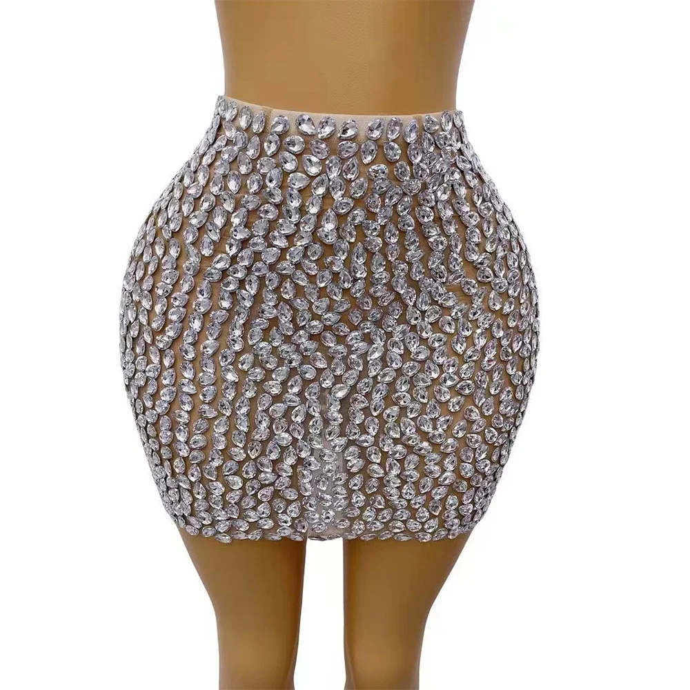 

Sexy Stage Bling Silver Rhinestones Skirt Stretch Mesh Outfit Dance Stage Birthday Celebrate Performance Photoshoot Costume