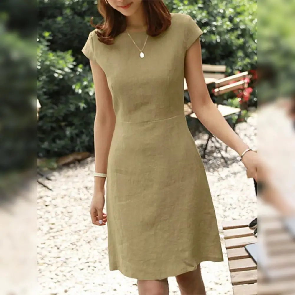 

Soft Summer Dress Elegant V-back Zipper Mini Dress for Women Slim Fit A-line Summer Dress with Short Sleeves Round Neckline