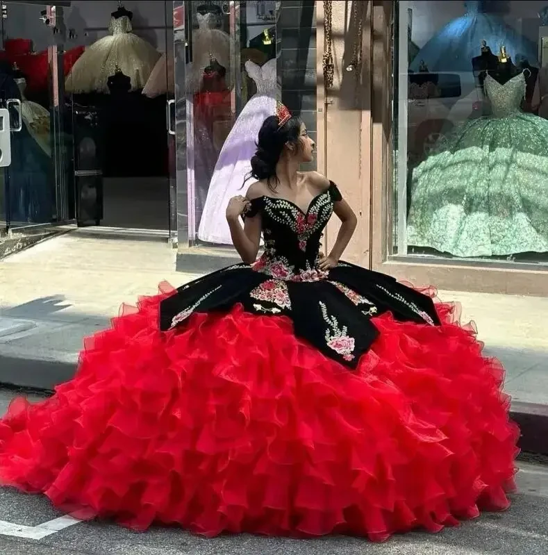 

Lorencia Black Red Charro Quinceanera Dress With Tiered Ruffles Organza Off Shoulder Corset Sweet 16 Vestidos De 15 Años YQD564