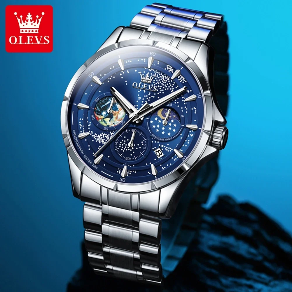 

OLEVS 5538 New Men's Quartz Watches Starry Sky Date Moon Phase Multifunctional Luminous Waterproof Stainless Steel Watch For Man
