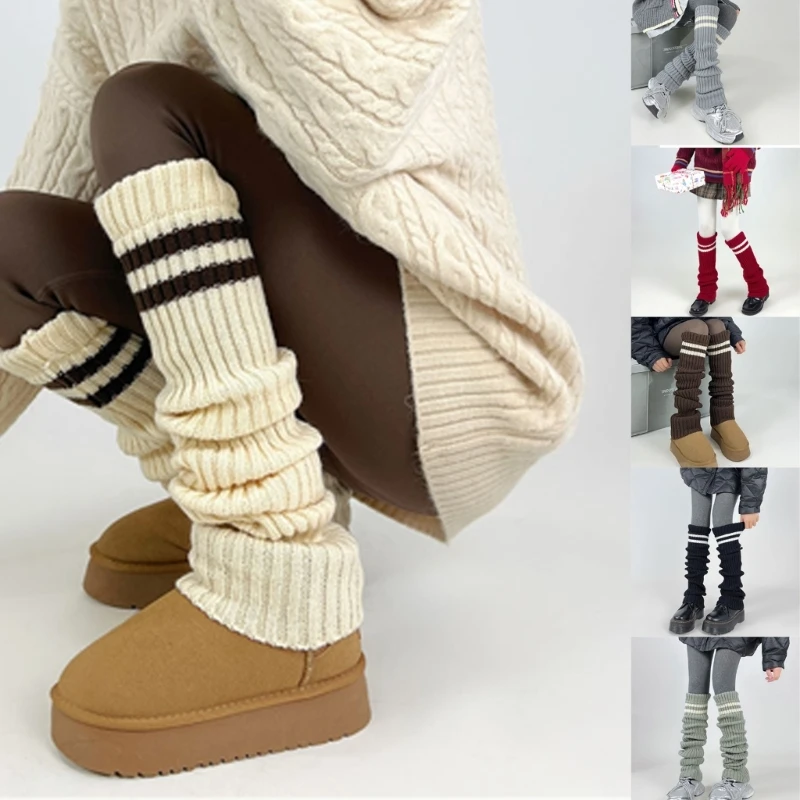 

Boot Cuffs Over Knee Long Socks for Women Ribbed Knit Double Striped Leg Warmers