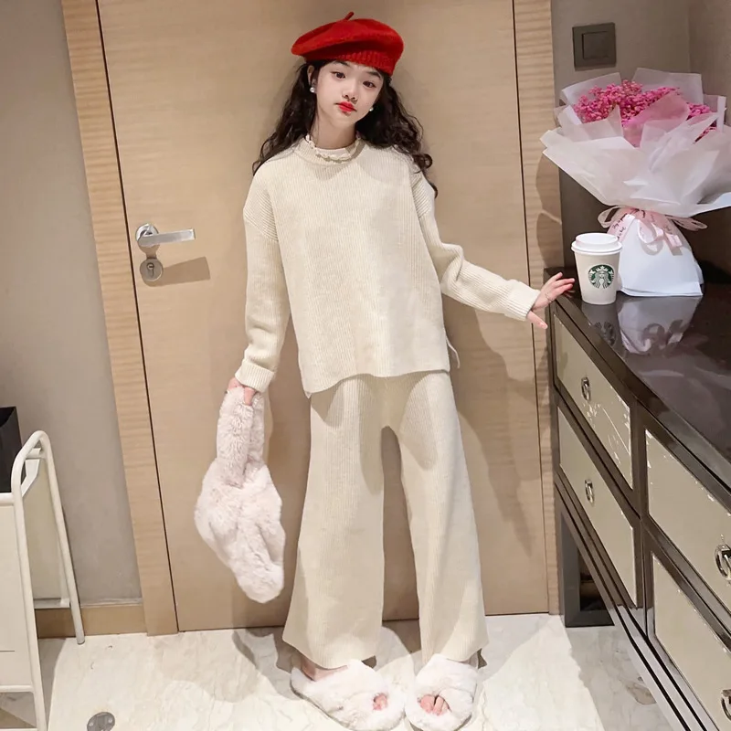 

Teen Girls Sweater Set Autumn Long Sleeve Knitwear top+Knitted wide leg pants 2Pcs Children Costumes Casual Kids Clothes outfits