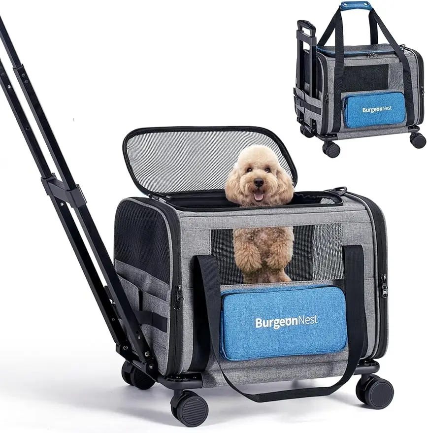

BurgeonNest Cat Carrier with Wheels, Airline Approved Pet Carrier for Cats Dogs 15 lbs with Telescopic Handle, Small Dog Carrier