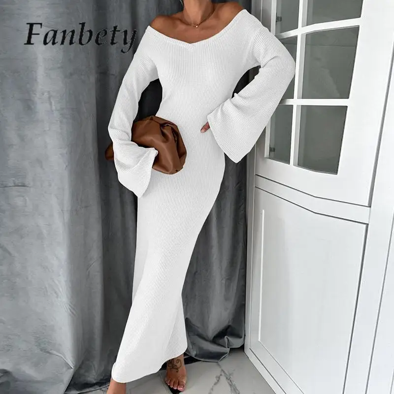 Women Ribbed Knit Simple Fashion Base Dress Elegant Solid Color Knitted Party Maxi Dress Fall V-neck Sexy Slim Long Sleeve Dress
Women Ribbed Knit Simple Fashion Base Dress Elegant Solid Color Knitted Party Maxi Dress Fall V-neck Sexy Slim Long Sleeve Dress