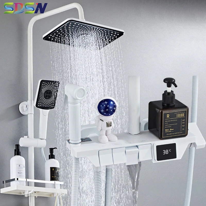

White Piano Digital Bathroom Faucet 12 Inch Rainfall Shower Head Waterfall Bathtub Mixer Tap Thermostatic Shower System Set