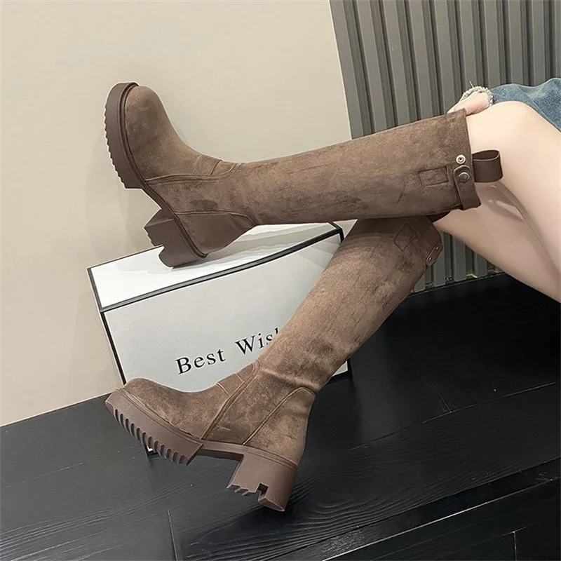 

Small Stature Thick Soled Boots Women's Suede Less Than Knee Length Thin and Chivalrous Boots Versatile Thick Heeled High Boots