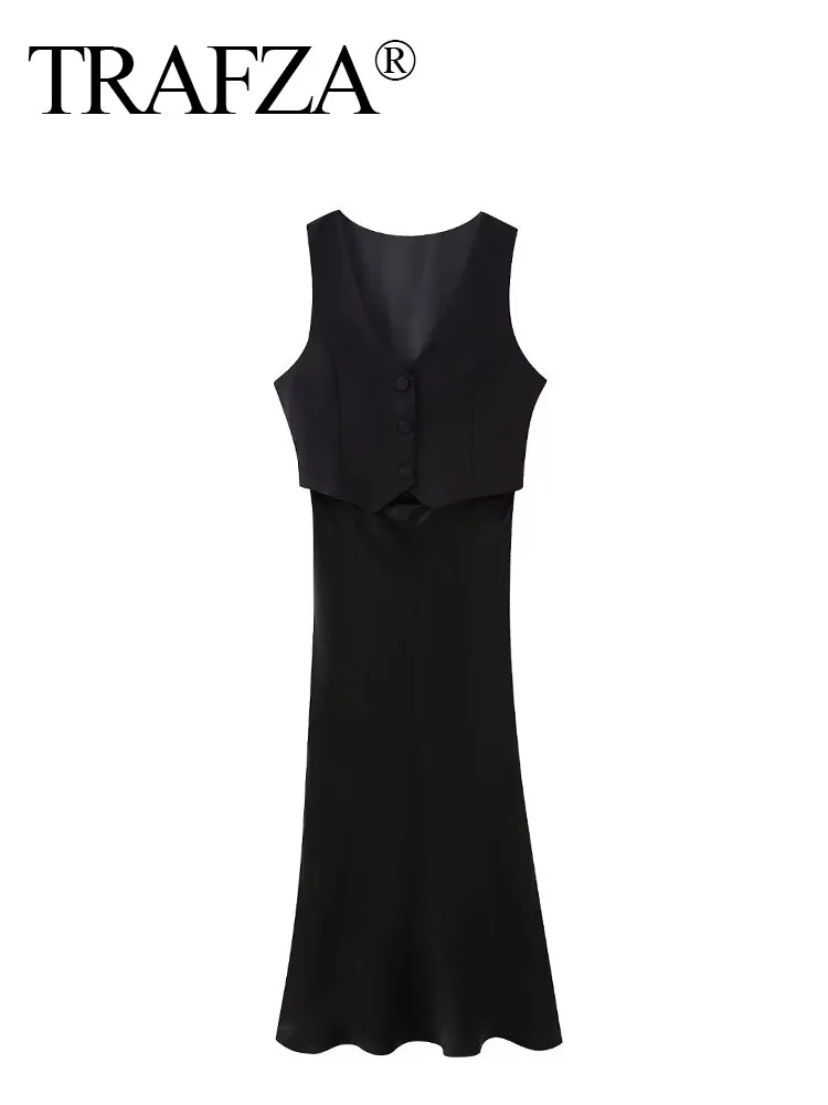 TRAFZA Female Fashion Patchwork Vest Dresses Black V-Neck Sleeveless Single Breasted Zipper Spring Long Dress Woman 2024 Trendy
TRAFZA Female Fashion Patchwork Vest Dresses Black V-Neck Sleeveless Single Breasted Zipper Spring Long Dress Woman 2024 Trendy