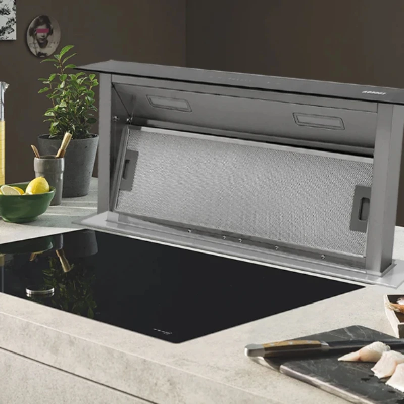 Elevated range hood with internal circulation, embedded island platform, invisible island type lower exhaust
Elevated range hood with internal circulation, embedded island platform, invisible island type lower exhaust