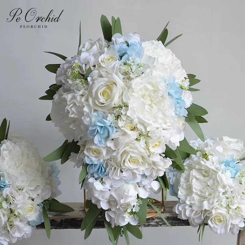 

PEORCHID Ivory White Light Blue Wedding Bouquets For Bride Rustic Roses Hydrangeas Peony Faux Flower Waterfall Bridal Bouquets