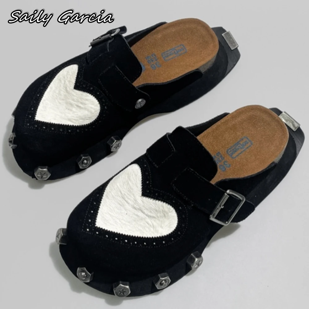 

Genuine Leather Horsehair Love Metal Rivet Slippers 2024 New Fashion Belt Buckle Strap Slip On Slides Punk Style All-Match Shoes