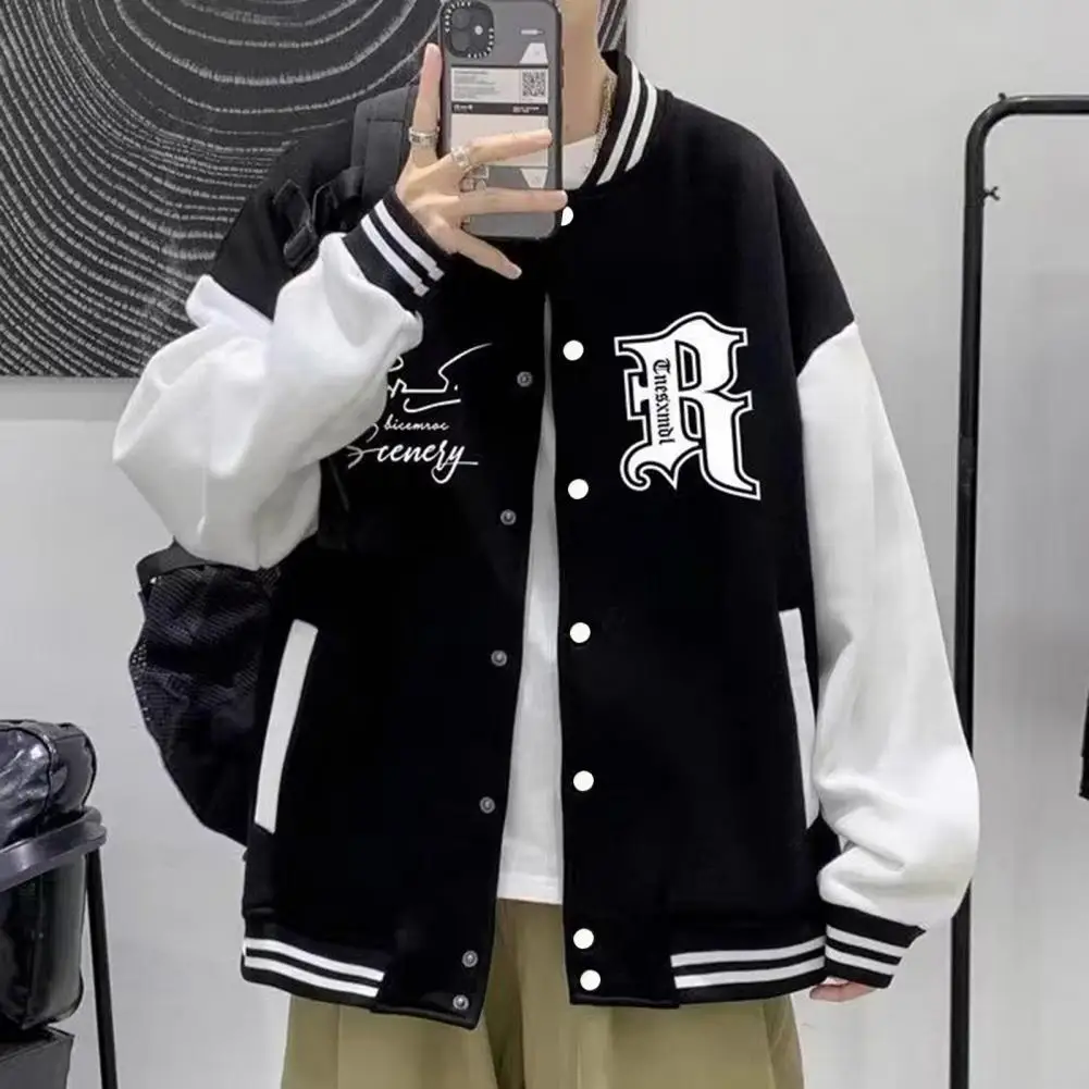 

Men Coat Men's High Street Style Baseball Coat with Letter Print Striped Cuff Detail Fall Winter Fashion for Men Street Style