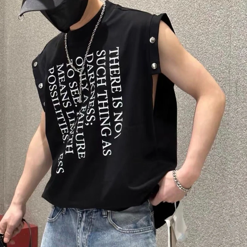 

Fashion O-Neck Printed Letter Sleeveless Rivet T-Shirt Men's Clothing 2024 Summer New Casual Pullovers Loose Korean Tank TOPS