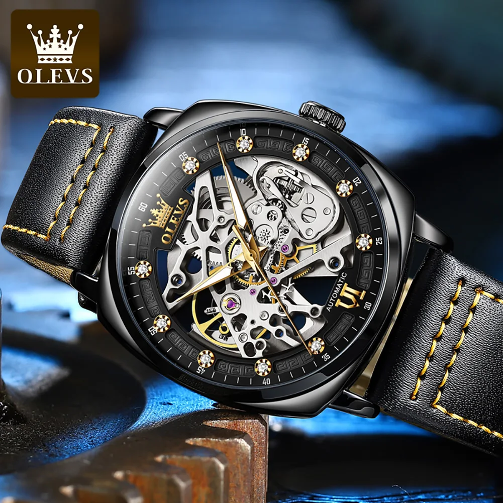 

OLEVS Skeleton Watch for Men Automatic Mechanical Men's Watches Leather Strap Luxury Stainless Steel Wristwatch Reloj de Hombre