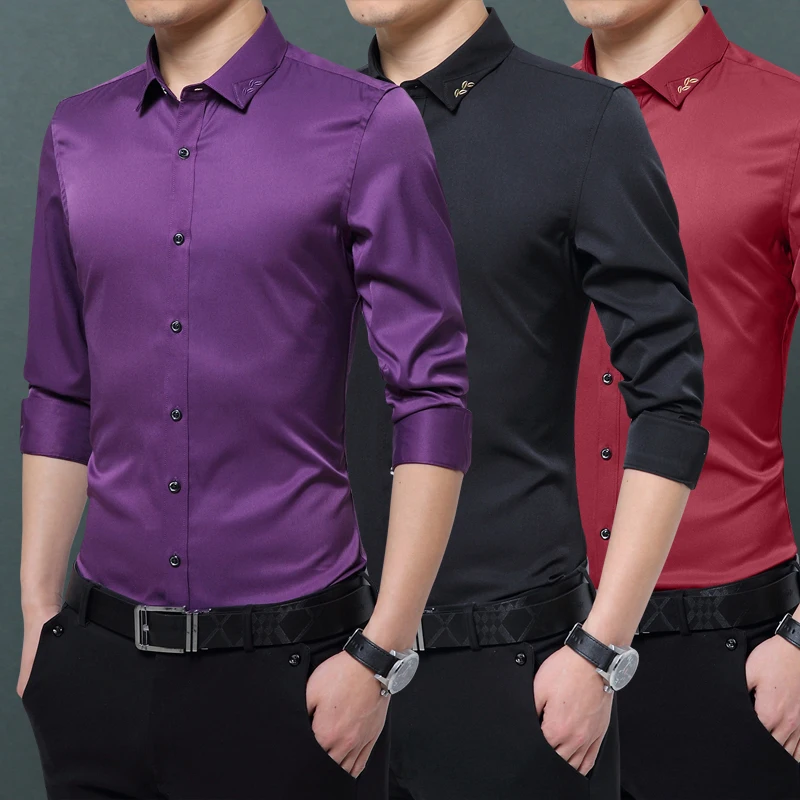

Luxury Ice Silk Men's Shirt 2023 Autumn Long Sleeve Slim Casual Shirts Business Social Male Formal Dress Shirts Streetwear C90