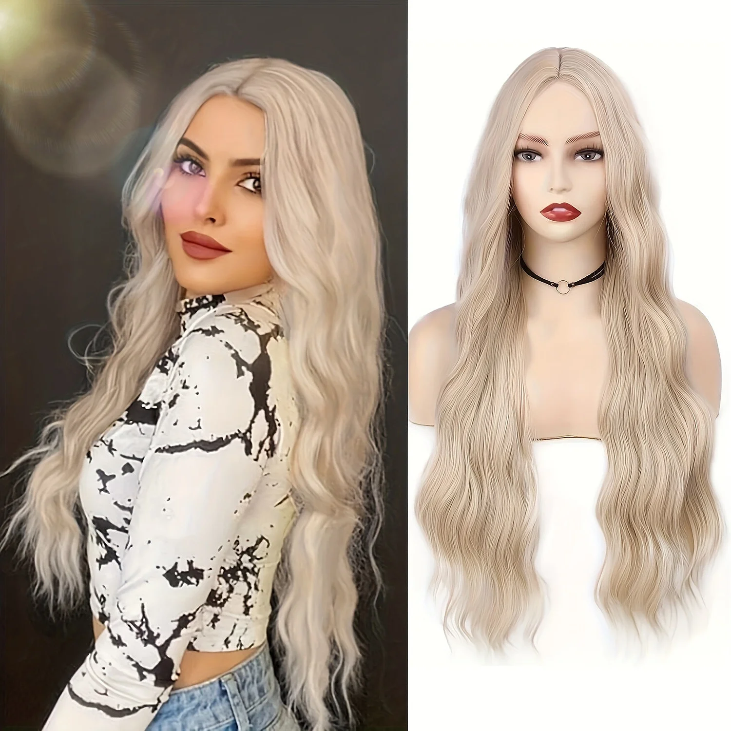 

New Big Wave Wig Ladies Long Curly Hair Blonde Center Parted Water Ripple Chemical Fiber Wig Synthetic Wig