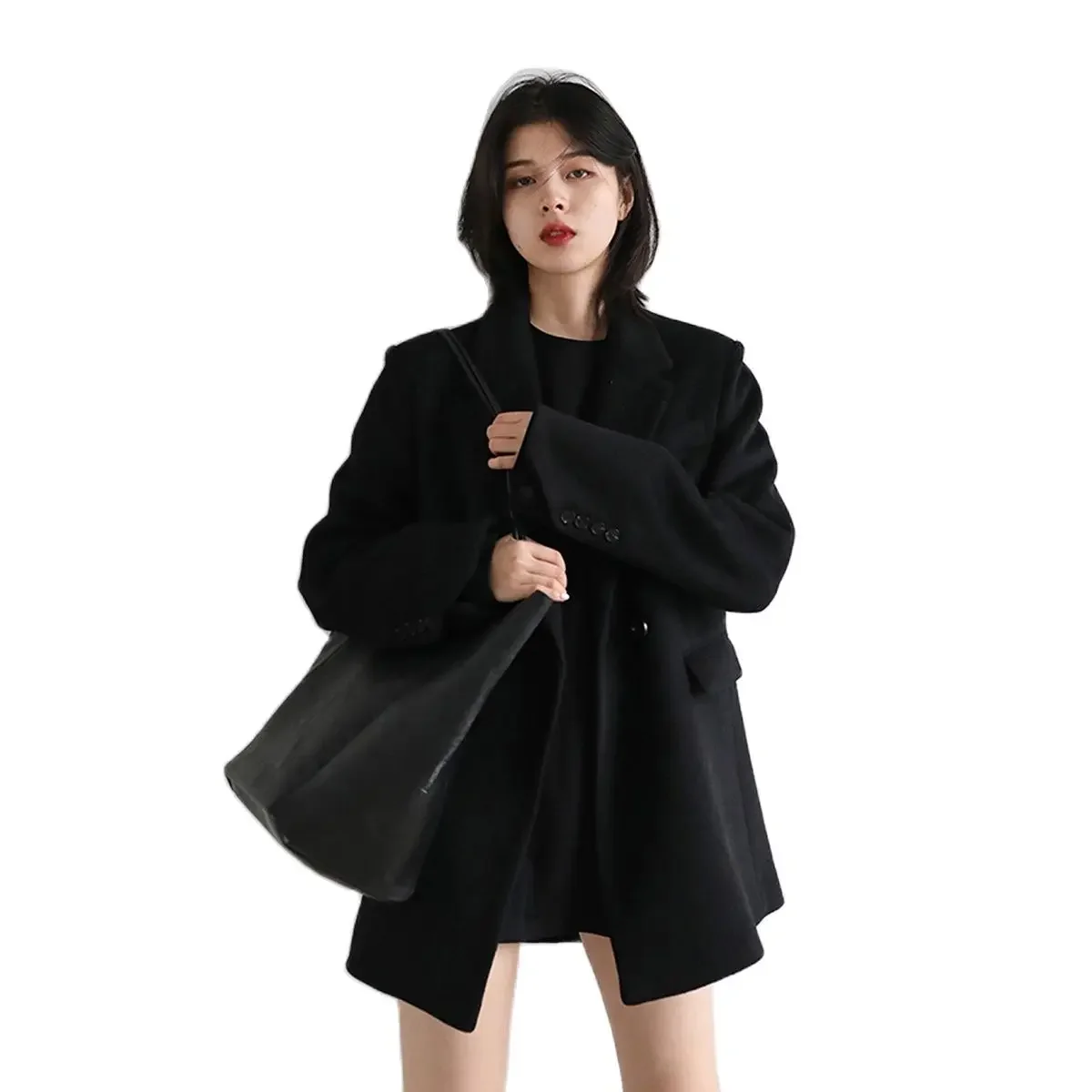 

2024 New Women Wool Blend Coat Solid Mid Long Woolen Blazer Thick Warm Blouse Women's Overcoat Office Lady Tops Autumn Winter