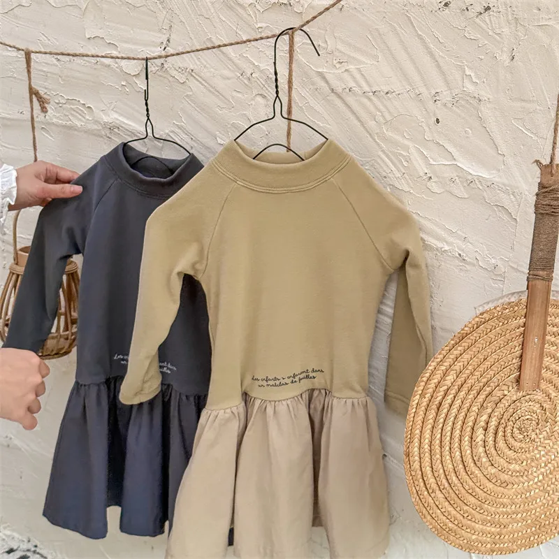 2025 Autumn Winter New Girls Long Sleeve Warm Dress Solid Children Bottoming Dress Letter Print Casual Dress Kids Cotton Clothes 26 S69069940169b4d4e83fe6b5f02eddbde9