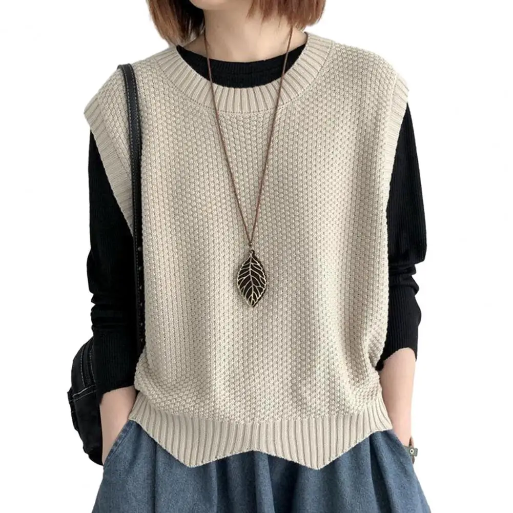 

Women Knitted Vest Cozy O Neck Knitted Vest for Women Autumn Winter Waistcoat with Wavy Hem Soft Warm Knitwear for Wear Cozy