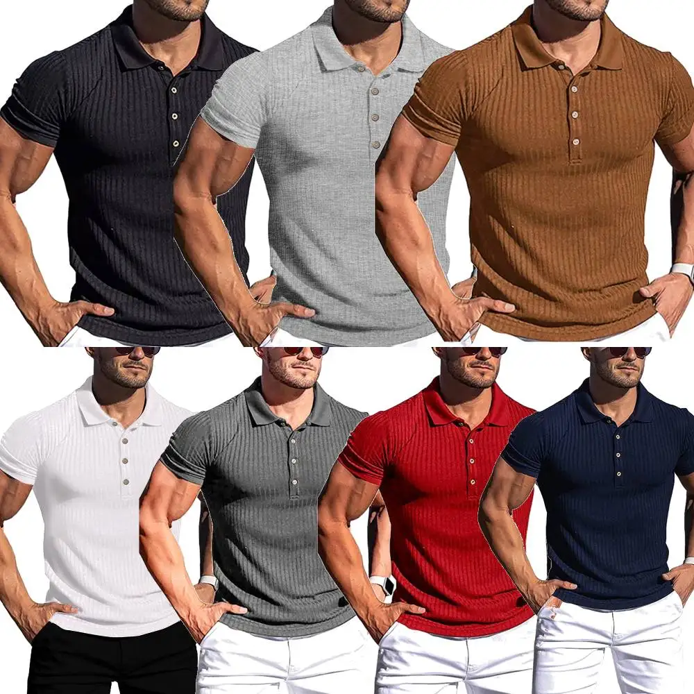 

Мужская спортивная футболка для фитнеса, новинка, высокоэластичная полосатая рубашка-поло, облегающая трикотажная одежда с коротким рукавом, топы, футболка с лацканами