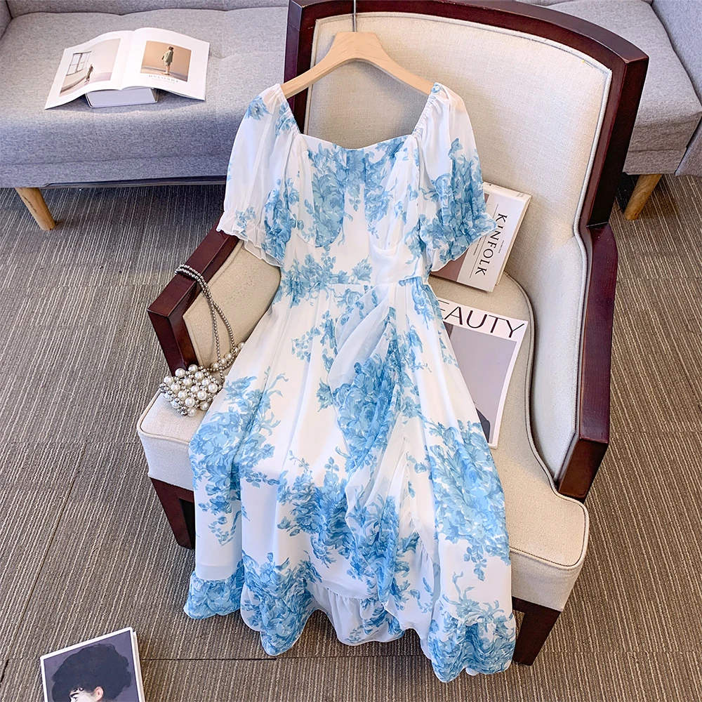 

Женское летнее Повседневное платье размера плюс, элегантное Свободное длинное платье в французском стиле с рисунком в синем и белом фарфоровом стиле