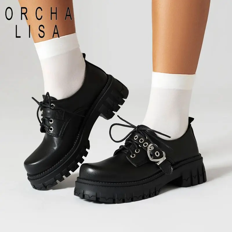 

ORCHA LISA Gothic Female Pumps Round Toe Block Heels 5cm Platform Lace Up Buckle Metal Brogues Big Size 43 Casual Daily Shoes