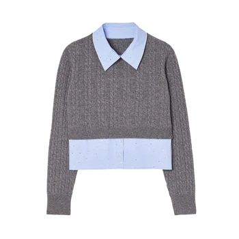 Desfile a Elegância na Primavera com o Cardigã Tricô Listrado da Sweet and Fresh S Home 11 Removable Polo Neck Knit Sweater Women Rhinestones Shirt Tops Long Sleeves Pullover 2023 Autumn Winter S Luxury Brand Clothing