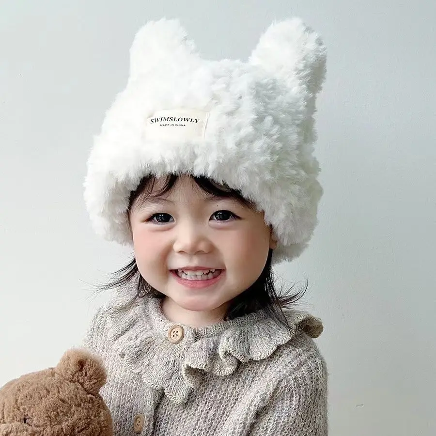 

49-54cm Korean Plush Cartoon Hat 2023 Autumn and Winter Warm Boys and Girls Cute Rabbit Ears Knitted Hat snow beanies