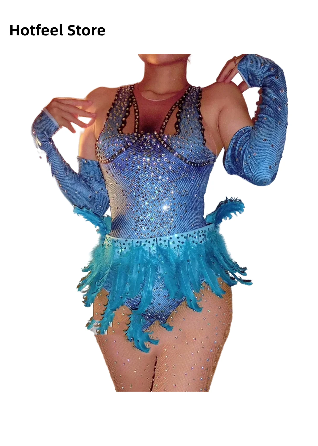 

DJ Latin Pole Dancing Performance Stage Costume For Singer Dancer Full Diamond Blue Feather Bodysuit Gloves Sexy Nightclub Bar