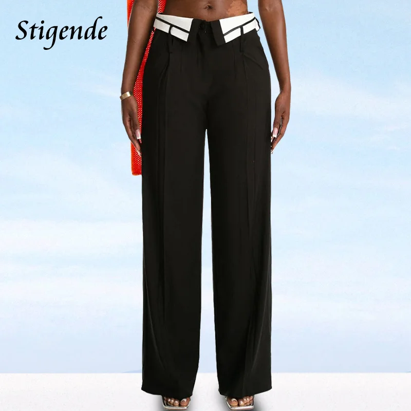 

Stigende Turn Down Collar Straight Wide Leg Pants Women Patchwork Loose Palazzo Pants Stylish Waist Tab Button Baggy Trousers