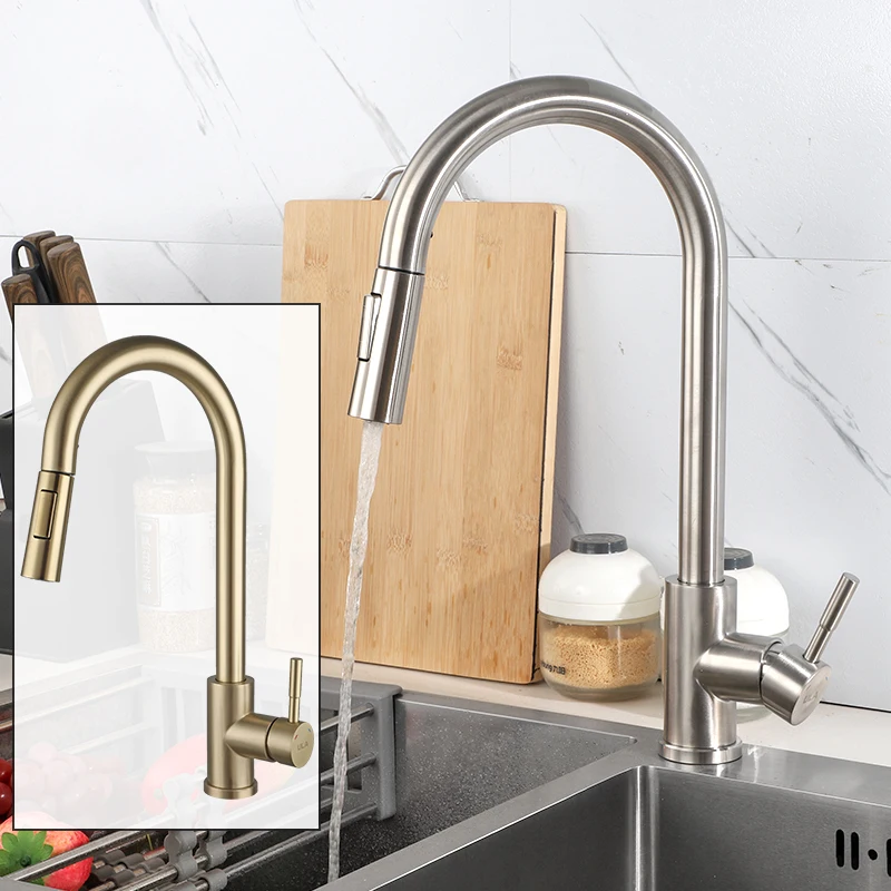 

ULA Pull Out Kitchen Faucet Stainless Steel Hot Cold Water Mixer Tap 2 Water Modes Flexible Sink Faucet Kitchen Gold Tap Nozzle