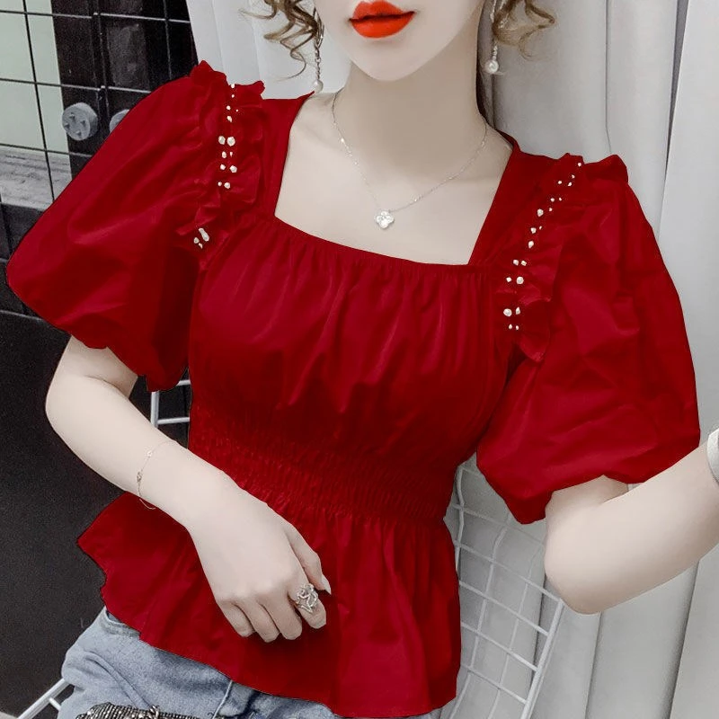 Woman Spring Autumn Style Blouses Shirts Lady Fashion Casual Short Sleeve Square Collar Solid Color Lantern Blouses Tops A1182
Woman Spring Autumn Style Blouses Shirts Lady Fashion Casual Short Sleeve Square Collar Solid Color Lantern Blouses Tops A1182
