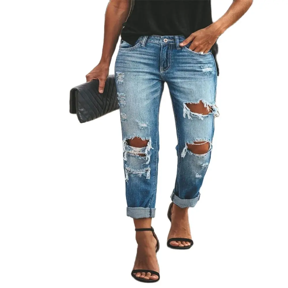 

Summer 2024 Fashion Euro-American Style Streetwear Jeans Women Mid Waist Washed Broken Hole Straight Type Cowboy Pants