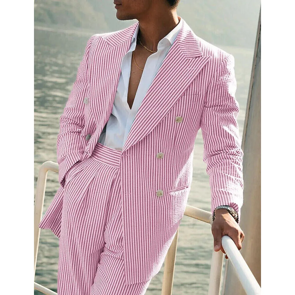 

Light Pink Vertical Stripes Suits for Men Two-piece Set Summer Comfortable Linen Cotton Fabric Mens Suit for Casual Beach Party