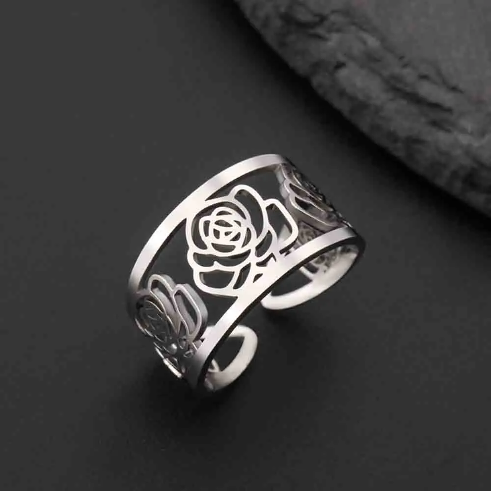 

My Shape Rose Flower Rings for Women Girls Stainless Steel Hollow Rose Finger Ring Delicate Fashion Jewelry Wedding Engagement