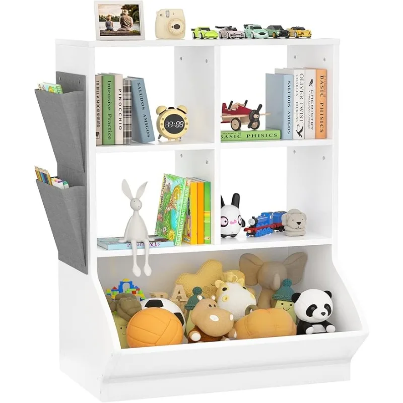 

Toy Storage Organizer with Bookcase, 40'' Tall 5 Cubby Bookshelf Toy Storage Cabinet, Open Multi-Bins Wooden Toys&Books