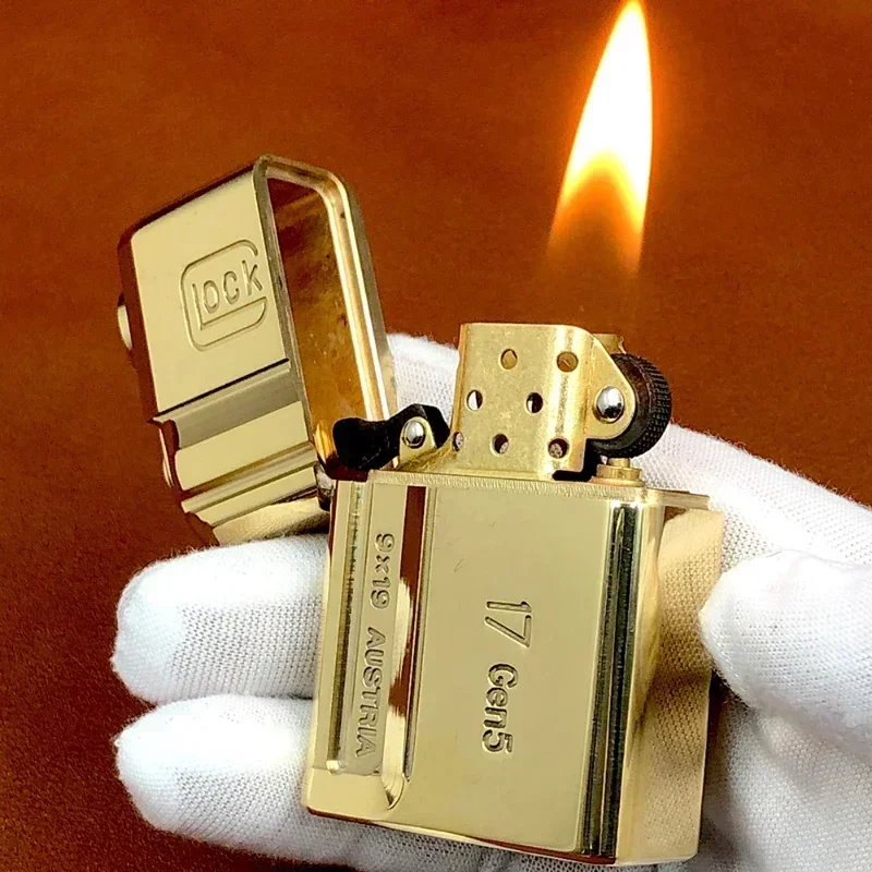 

Brass Pure Copper Glock G17 Heavy Armor Punk Kerosene Lighter Sealing Oil Machine Windproof Smoking Accessories Tools Men