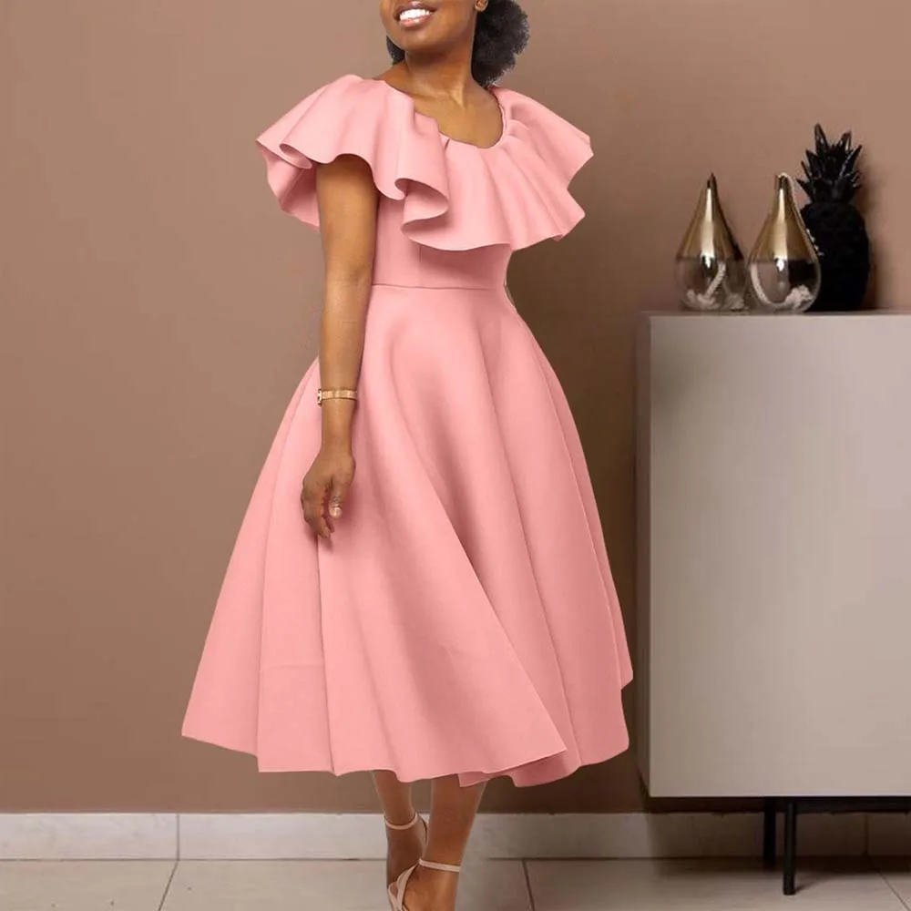 

Elegant Dresses for Women Round Neck Ruffles High Waisted Pleated A Line Mid Calf Luxury African Birthday Party Event Robes New