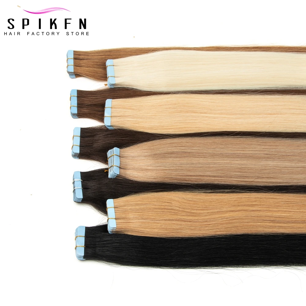 

SPIKFN Tape in Human Hair Extensions 12-24 inches Natural Straight PU Skin Weft Hair Tape Hair Pieces 20pcs Black Brown Blonde