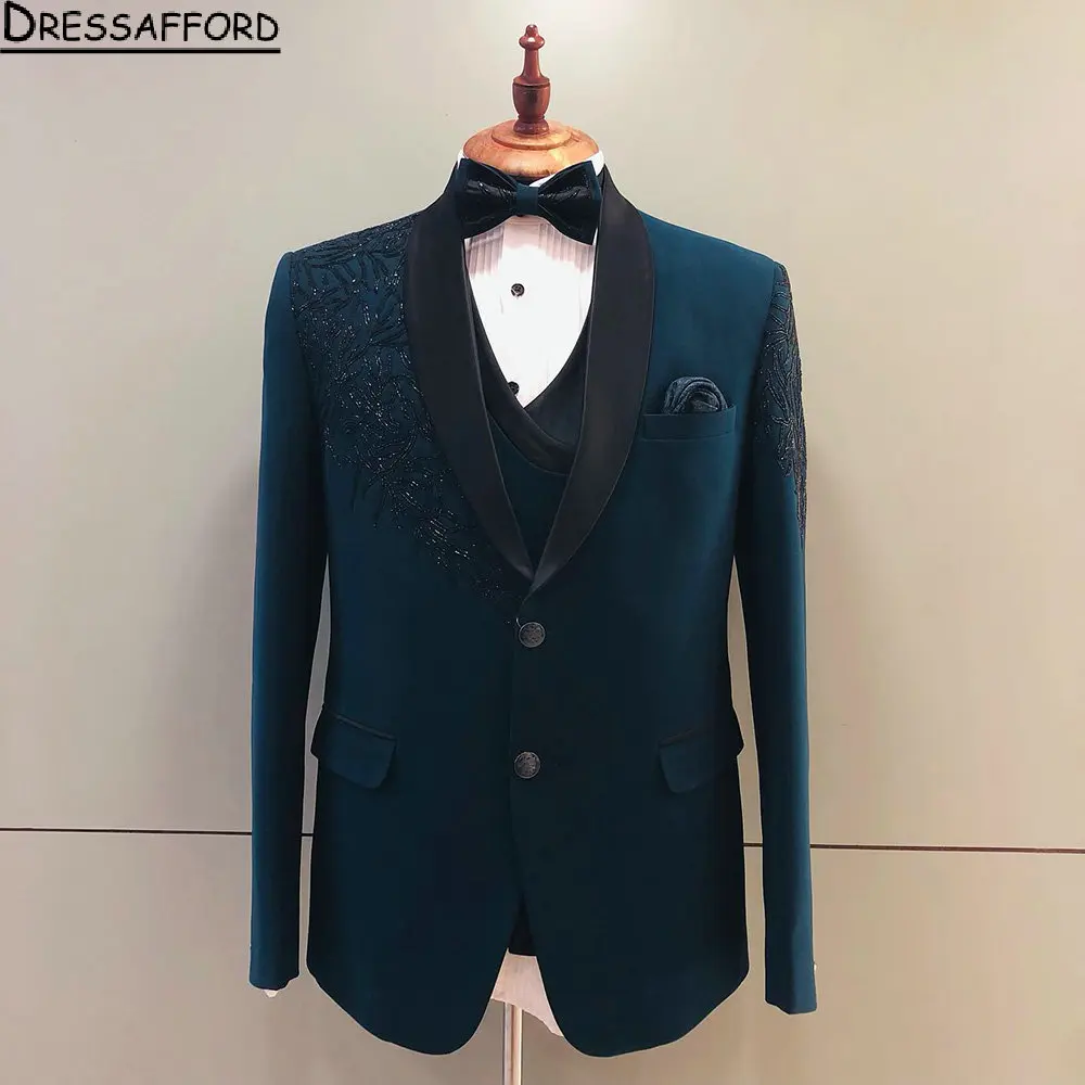 

Hunter Green Groom Wedding Tuxedos Sequined Appliques 2 Pieces Formal Suits Men Custom Made Black Prom Blazer Sets Male Fashion