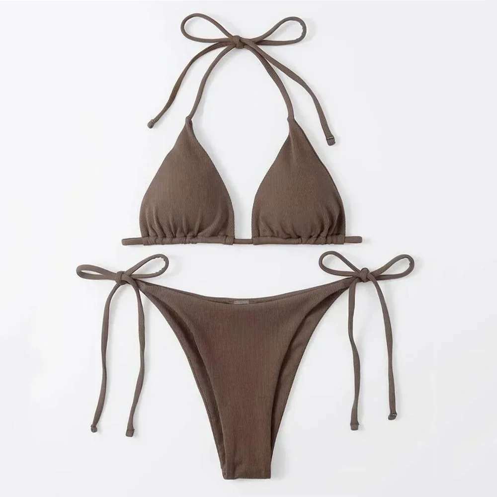 Brown Ribbed Swimwear String Halter Triangle Micro Bikini Thong Sexy