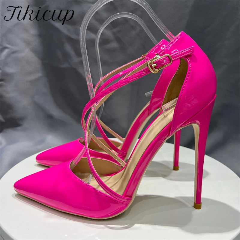 

Tikicup Glossy Rose Pink Women Cross Strap Pointy Toe High Heel Shoes for Wedding Dress Elegant Stiletto Pumps Plus Size 33-46