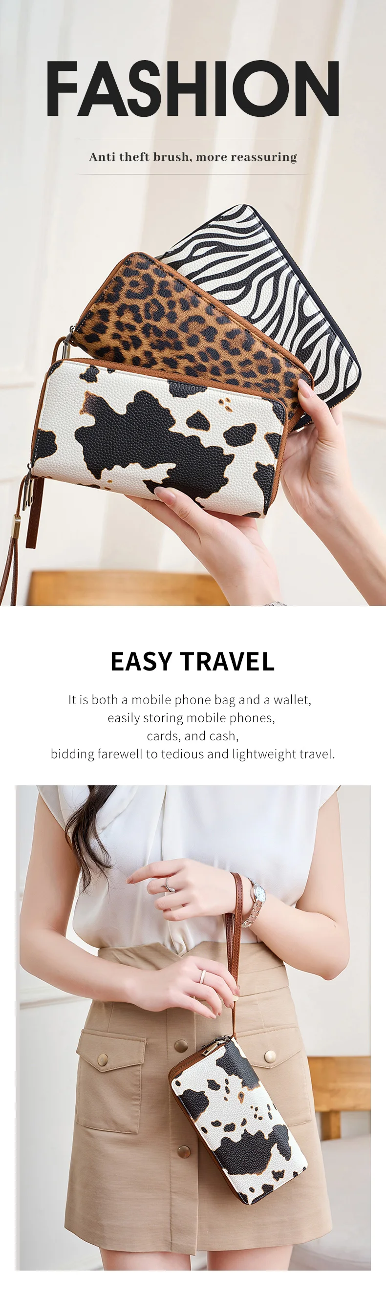 Women’s double zipper long wallet with RFID protection