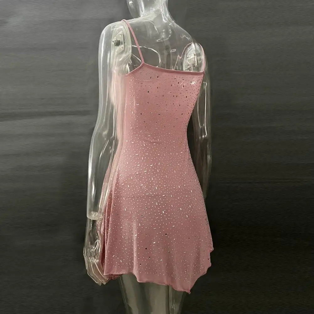 

Club Mini Dress Elegant Rhinestone Embellished Mini Dress with Spaghetti Straps Irregular Hem for Club Parties Special Occasions